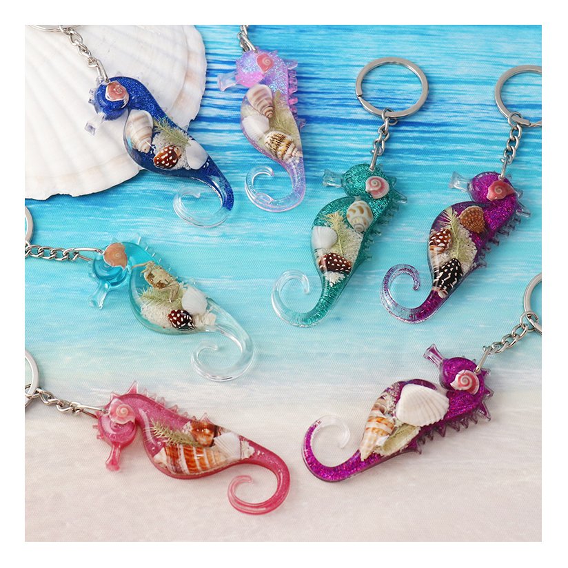 Ocean Beach Keychains Sea Horse Key Chain Real Shell in Resin Jewelry Epoxy Purse Car Keyring Accessories for Women Girl