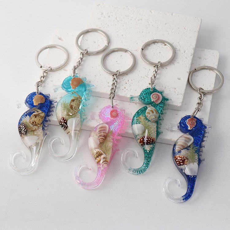 Ocean Beach Keychains Sea Horse Key Chain Real Shell in Resin Jewelry Epoxy Purse Car Keyring Accessories for Women Girl