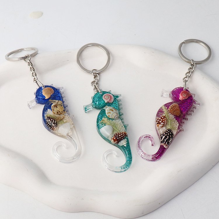 Ocean Beach Keychains Sea Horse Key Chain Real Shell in Resin Jewelry Epoxy Purse Car Keyring Accessories for Women Girl