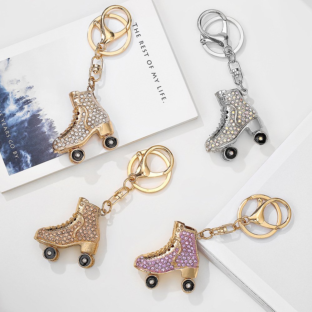 2024 High Quality Colorful Diamond Inlaid Hollow Keychain Roller Skate Shaped Fashion Creative Metal Key Rings For Bag