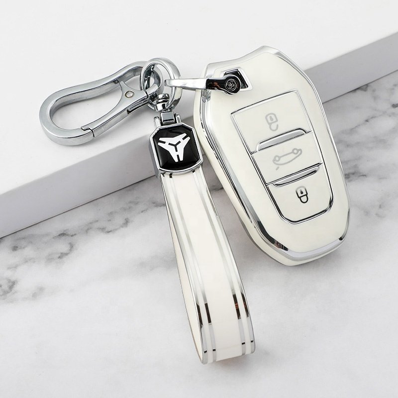 Wholesale Sliver Edge TPU Car Key Case Cover with keychain For Peugeot 408 508 2008 3008 4008 5008 Car Accessories Key Holder