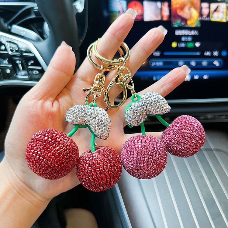 Bling Big Rhinestone Cherry Keychains Bag Decoration Full Shiny Crystal Women Car Key Accessories Cherry Charm Keychain