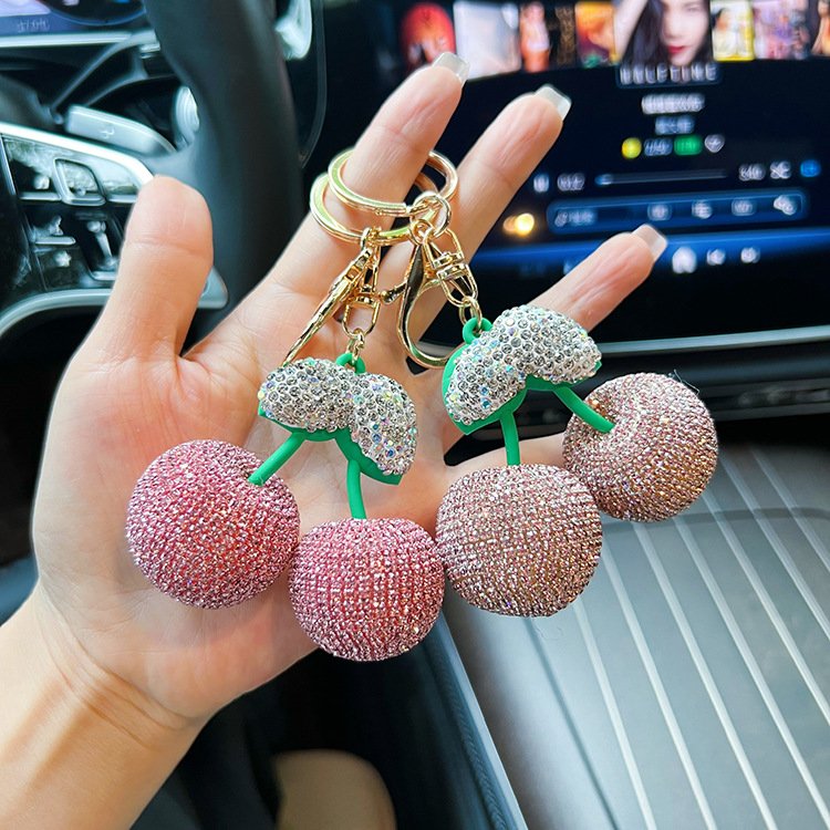 Bling Big Rhinestone Cherry Keychains Bag Decoration Full Shiny Crystal Women Car Key Accessories Cherry Charm Keychain