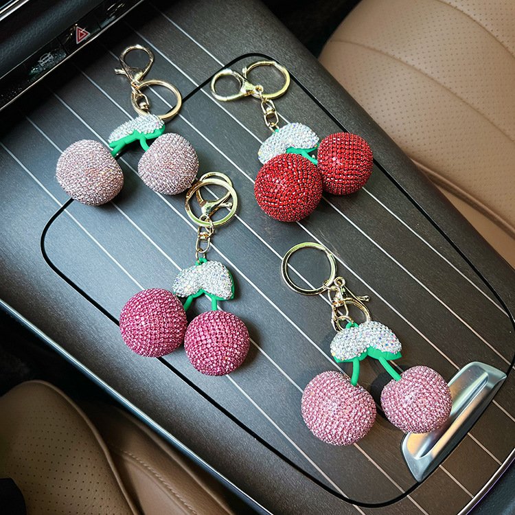 Bling Big Rhinestone Cherry Keychains Bag Decoration Full Shiny Crystal Women Car Key Accessories Cherry Charm Keychain