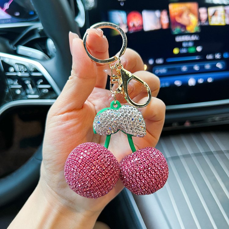 Bling Big Rhinestone Cherry Keychains Bag Decoration Full Shiny Crystal Women Car Key Accessories Cherry Charm Keychain