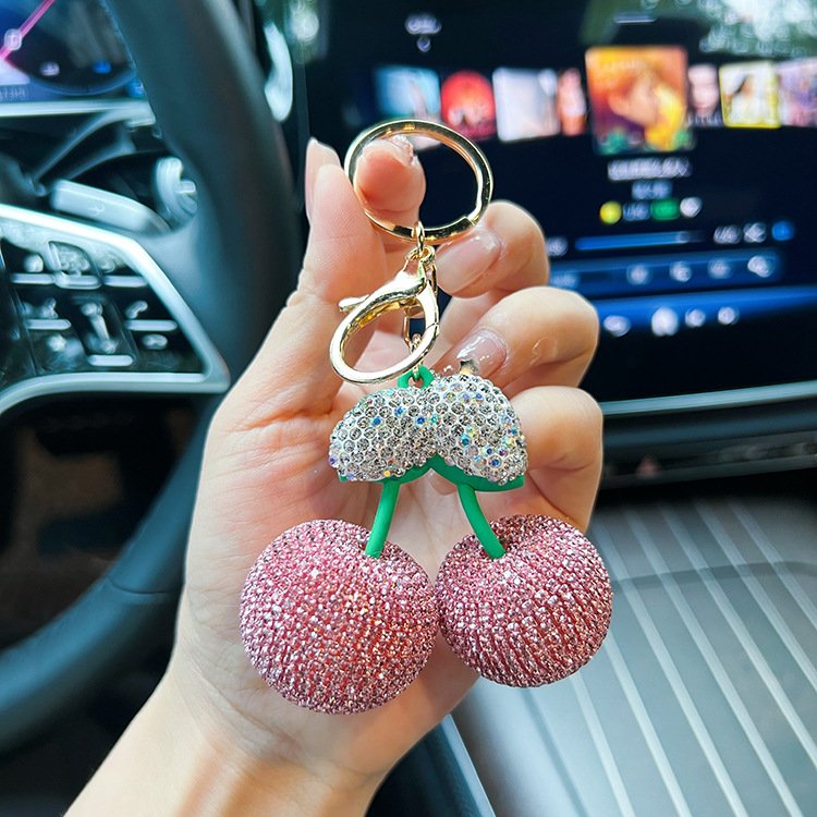 Bling Big Rhinestone Cherry Keychains Bag Decoration Full Shiny Crystal Women Car Key Accessories Cherry Charm Keychain