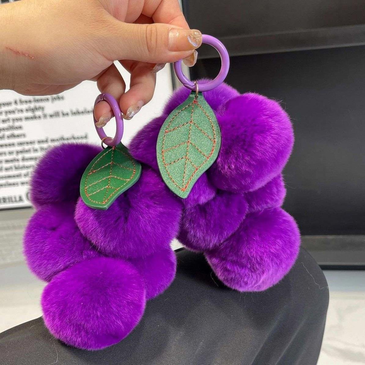 Fruit Grape Plush Keychain toys Lovely Pom Pom Keychain Rex Rabbit Fur Fluffy Car Keyring bag Pendant Accessory Pompom Key chain