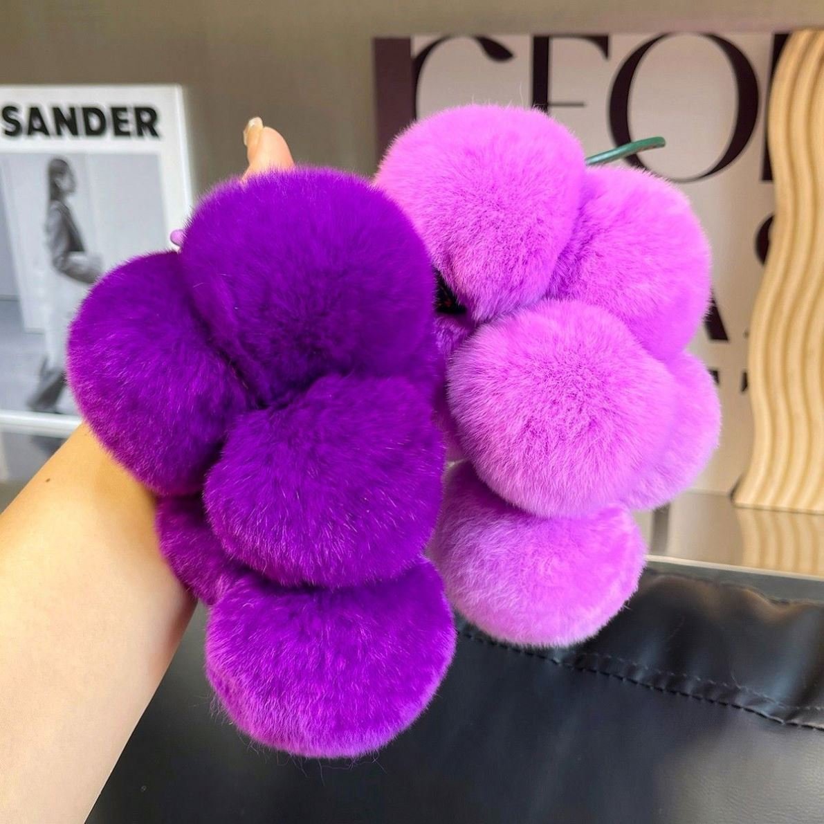 Fruit Grape Plush Keychain toys Lovely Pom Pom Keychain Rex Rabbit Fur Fluffy Car Keyring bag Pendant Accessory Pompom Key chain