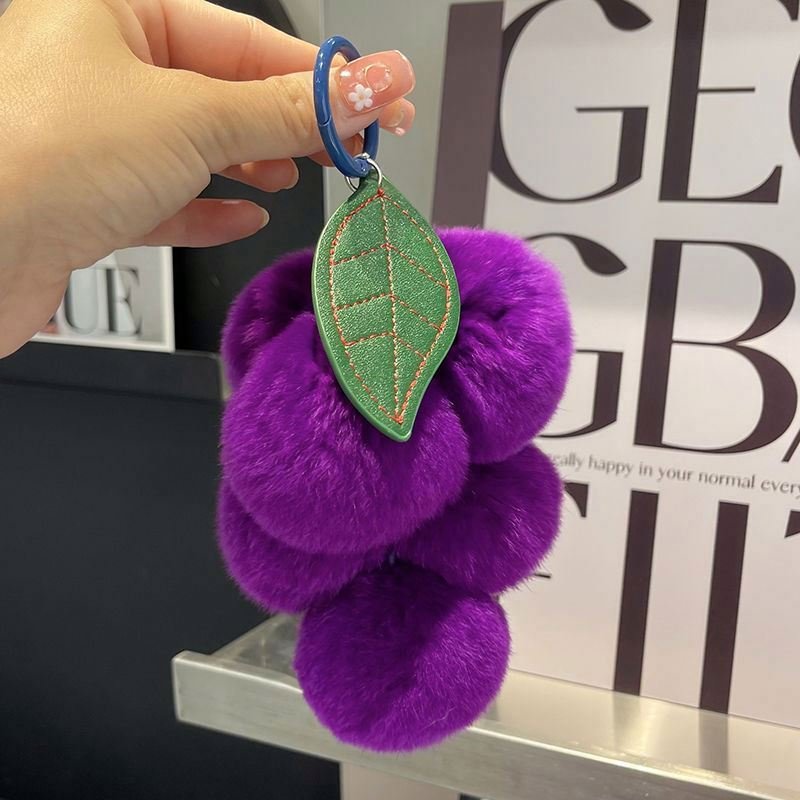 Fruit Grape Plush Keychain toys Lovely Pom Pom Keychain Rex Rabbit Fur Fluffy Car Keyring bag Pendant Accessory Pompom Key chain