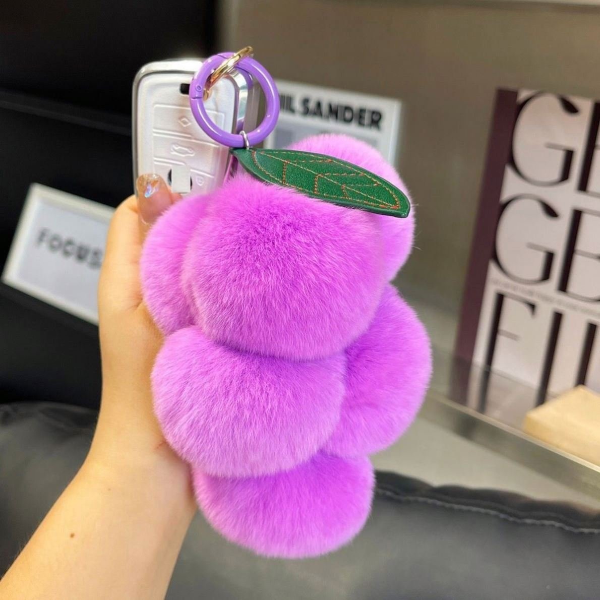 Fruit Grape Plush Keychain toys Lovely Pom Pom Keychain Rex Rabbit Fur Fluffy Car Keyring bag Pendant Accessory Pompom Key chain