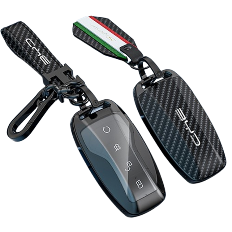 QING Carbon Fiber Texture Keyless Remote Car Key Metal Protective Key Cover Keychain For BYD Han