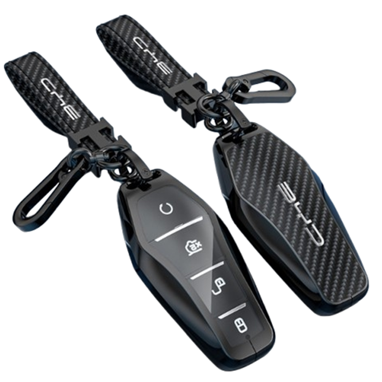 QING Carbon Fiber Texture Keyless Remote Car Key Metal Protective Key Cover Keychain For BYD Han