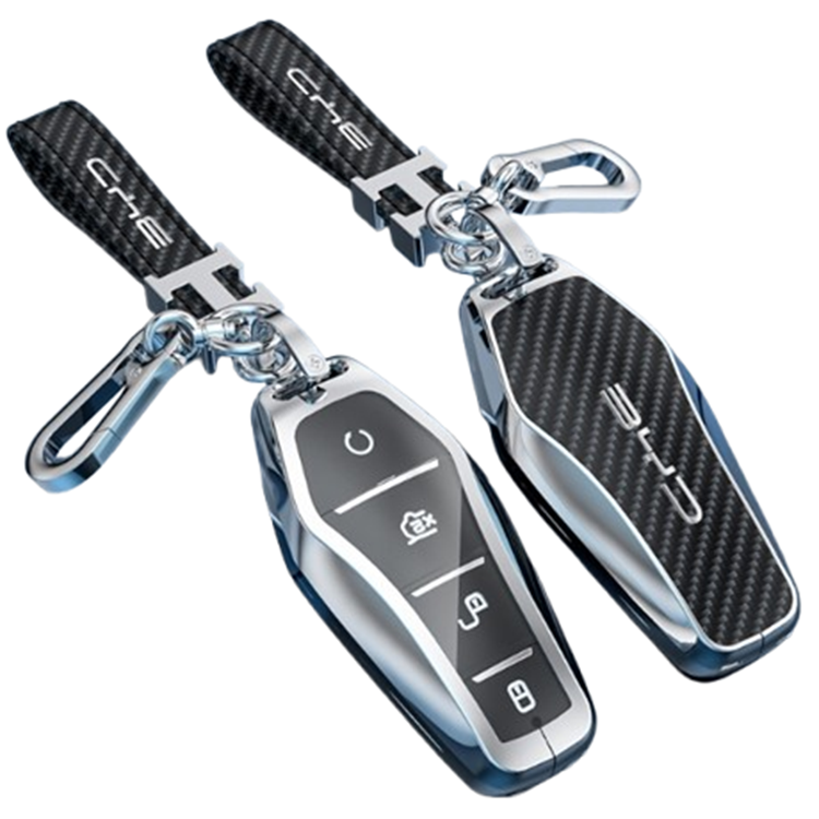 QING Carbon Fiber Texture Keyless Remote Car Key Metal Protective Key Cover Keychain For BYD Han