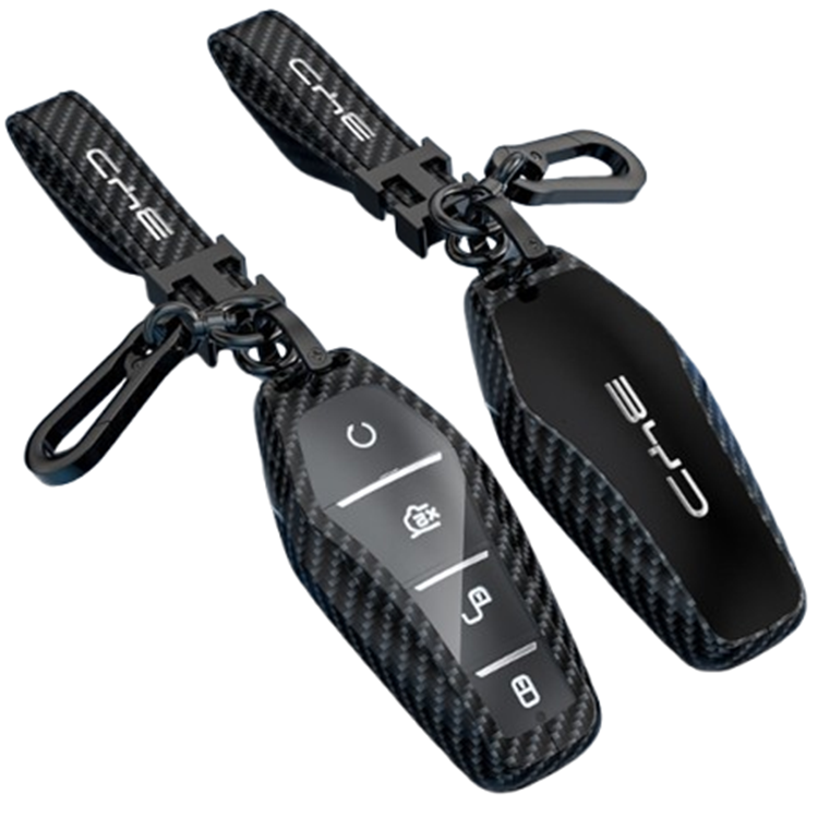 QING Carbon Fiber Texture Keyless Remote Car Key Metal Protective Key Cover Keychain For BYD Han