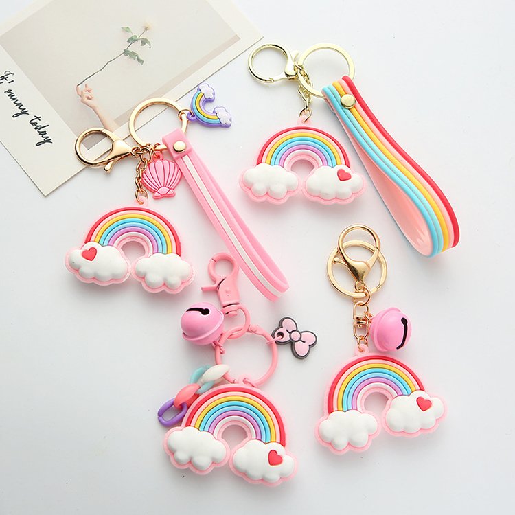Rainbow Keychain heart pendant small bell Key Ring For Women Handbag Accessories Car Hanging PVC Cute Rainbow Keychain