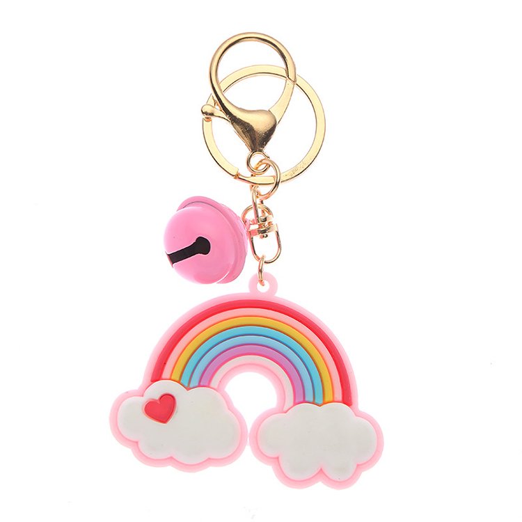Rainbow Keychain heart pendant small bell Key Ring For Women Handbag Accessories Car Hanging PVC Cute Rainbow Keychain