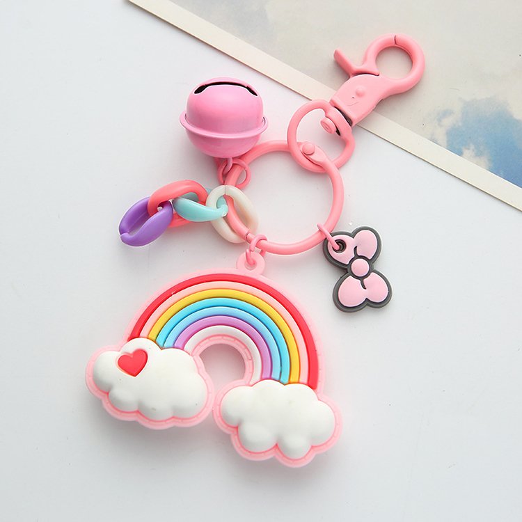 Rainbow Keychain heart pendant small bell Key Ring For Women Handbag Accessories Car Hanging PVC Cute Rainbow Keychain