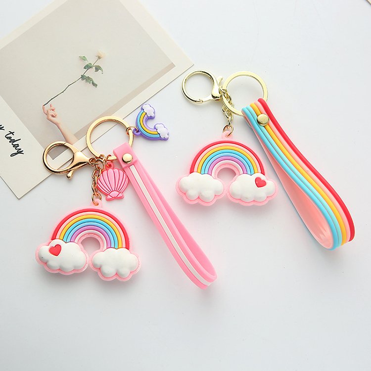 Rainbow Keychain heart pendant small bell Key Ring For Women Handbag Accessories Car Hanging PVC Cute Rainbow Keychain