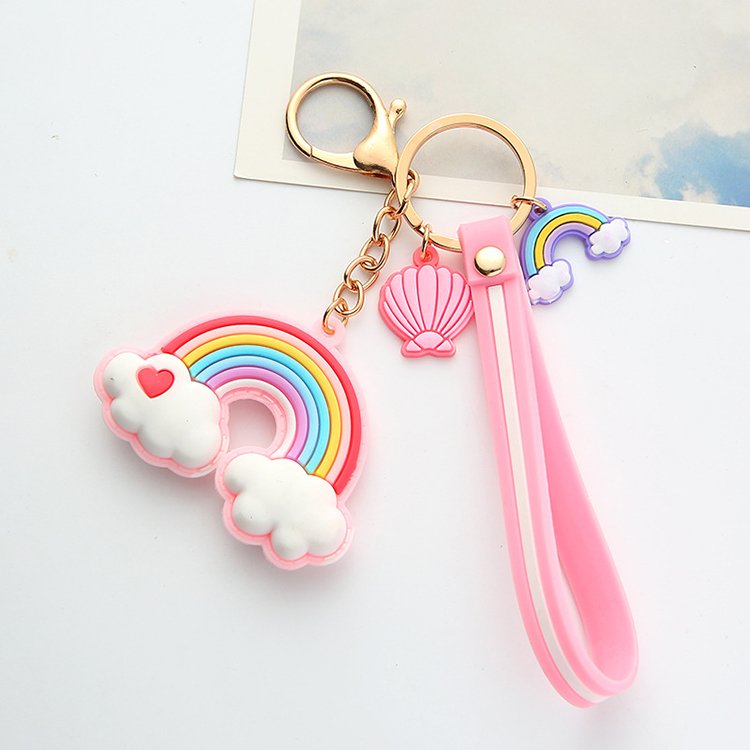Rainbow Keychain heart pendant small bell Key Ring For Women Handbag Accessories Car Hanging PVC Cute Rainbow Keychain