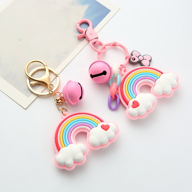 Rainbow Keychain heart pendant small bell Key Ring For Women Handbag Accessories Car Hanging PVC Cute Rainbow Keychain