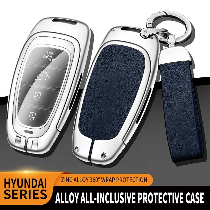 New Alloy Leather Car Key Cover For Hyundai Santa Fe Tucson 2022 Nexo Nx4 Atos Solaris Prime 2021 3 4 Buttons Custom Car Logo