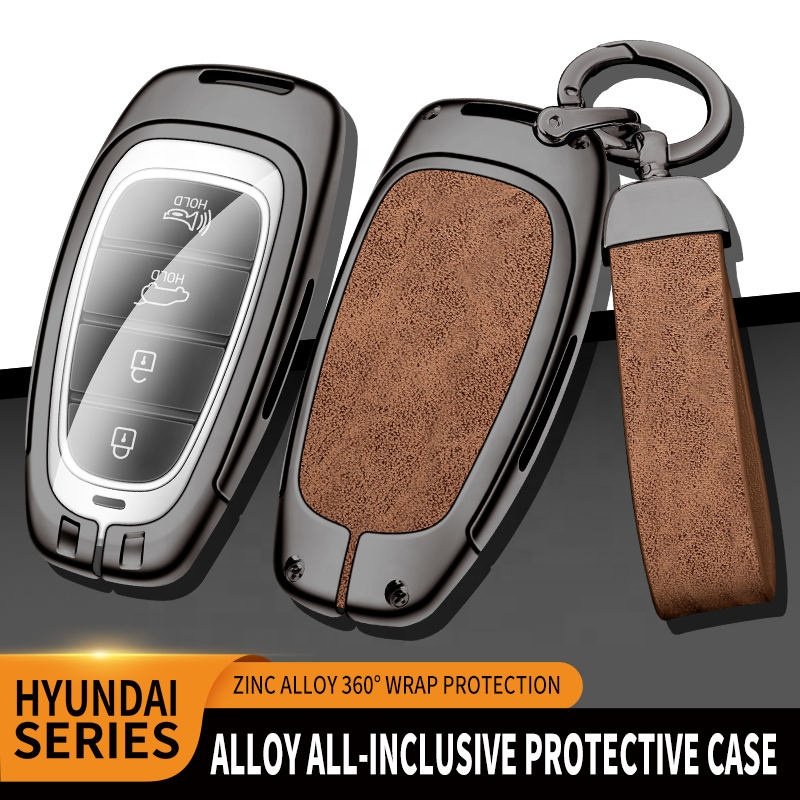 New Alloy Leather Car Key Cover For Hyundai Santa Fe Tucson 2022 Nexo Nx4 Atos Solaris Prime 2021 3 4 Buttons Custom Car Logo