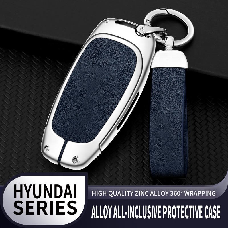 New Alloy Leather Car Key Cover For Hyundai Santa Fe Tucson 2022 Nexo Nx4 Atos Solaris Prime 2021 3 4 Buttons Custom Car Logo