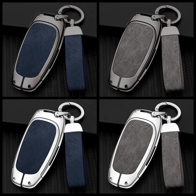 New Alloy Leather Car Key Cover For Hyundai Santa Fe Tucson 2022 Nexo Nx4 Atos Solaris Prime 2021 3 4 Buttons Custom Car Logo