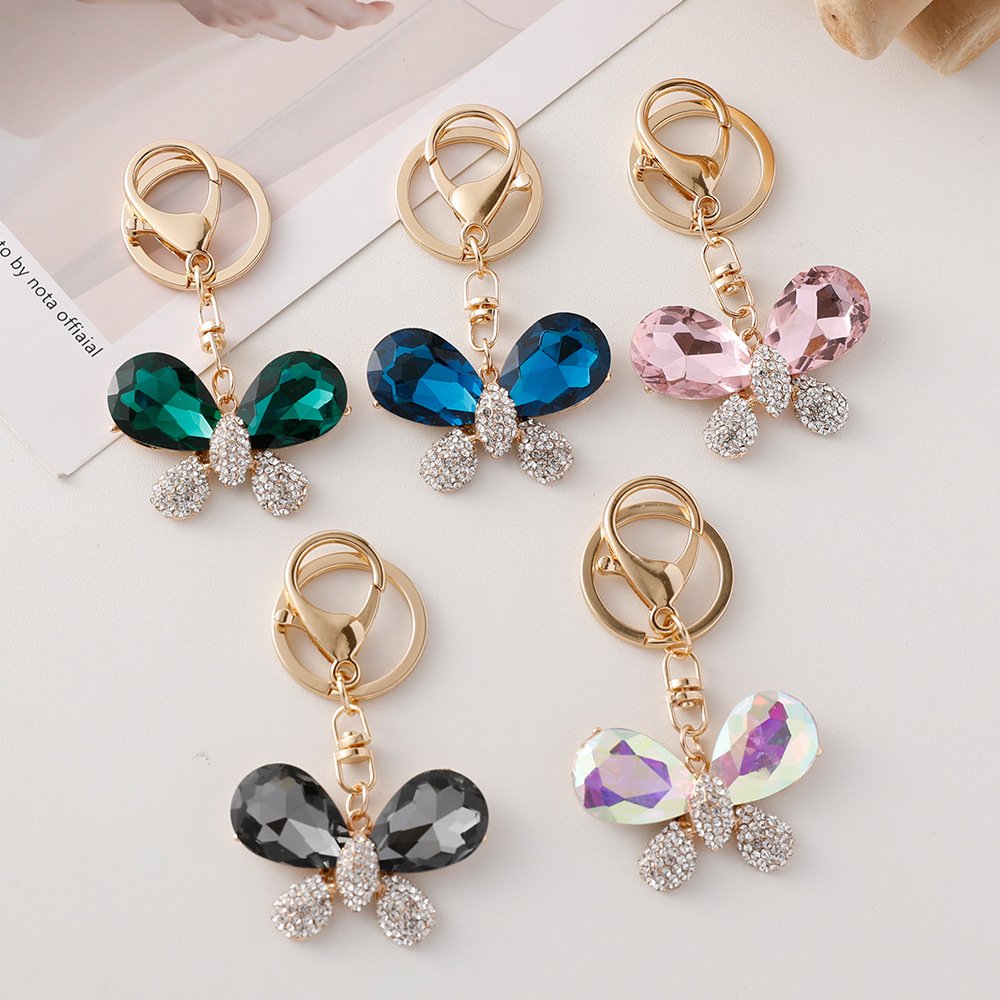 Wholesale Women Wallet Decoration Gold Plated Metal Keyring Car Key Accessories Bling luxurious Big Crystal Butterfly Keychain