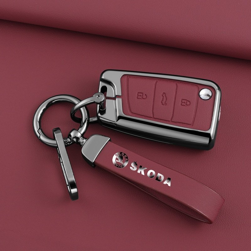 Car Key Case Cover Shell Car KeyZinc Alloy + Leather Protective Bag For SKODA Series Logo Car Accessories Keychain Decorations
