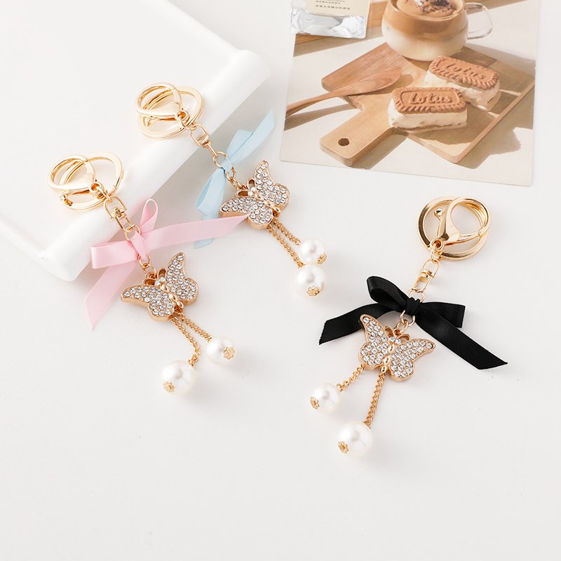 Delicate Handmade Pearl Butterfly Car Key Chain Bling Rhinestone Butterfly Tassel Keychain Bag Accessory