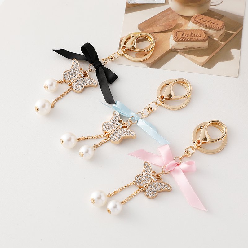Delicate Handmade Pearl Butterfly Car Key Chain Bling Rhinestone Butterfly Tassel Keychain Bag Accessory