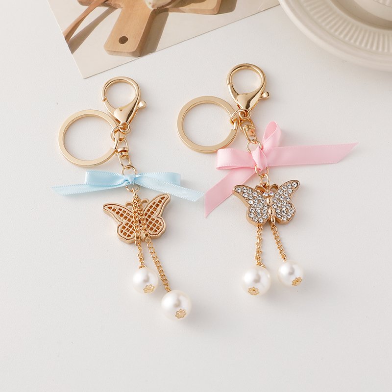 Delicate Handmade Pearl Butterfly Car Key Chain Bling Rhinestone Butterfly Tassel Keychain Bag Accessory
