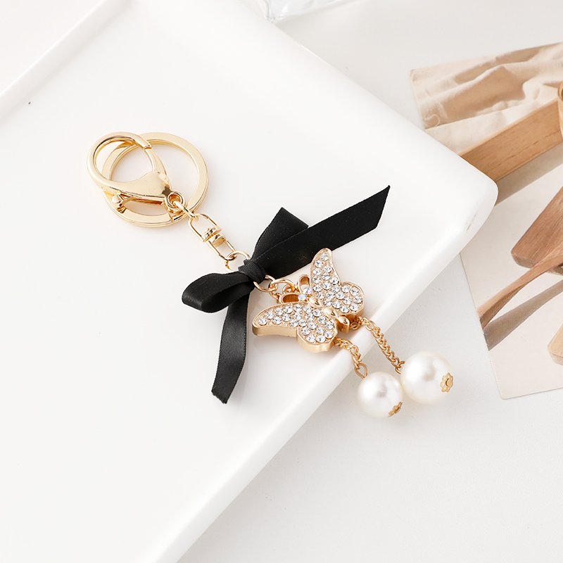 Delicate Handmade Pearl Butterfly Car Key Chain Bling Rhinestone Butterfly Tassel Keychain Bag Accessory