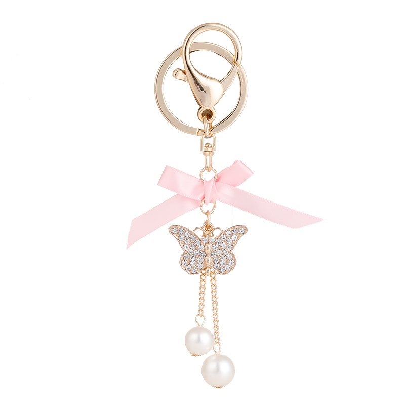Delicate Handmade Pearl Butterfly Car Key Chain Bling Rhinestone Butterfly Tassel Keychain Bag Accessory