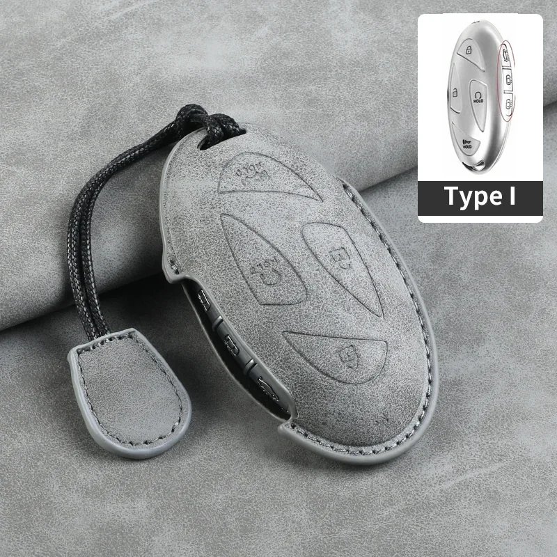 7 Buttons Leather Car Remote Key Case Cover For Hyundai Kona Ev Grandeur GN7 2023 Keyless Protector Fob Keychain Accessories