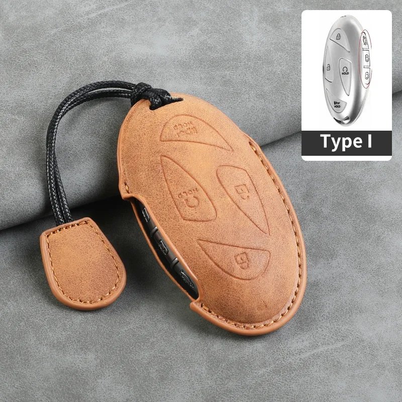 7 Buttons Leather Car Remote Key Case Cover For Hyundai Kona Ev Grandeur GN7 2023 Keyless Protector Fob Keychain Accessories