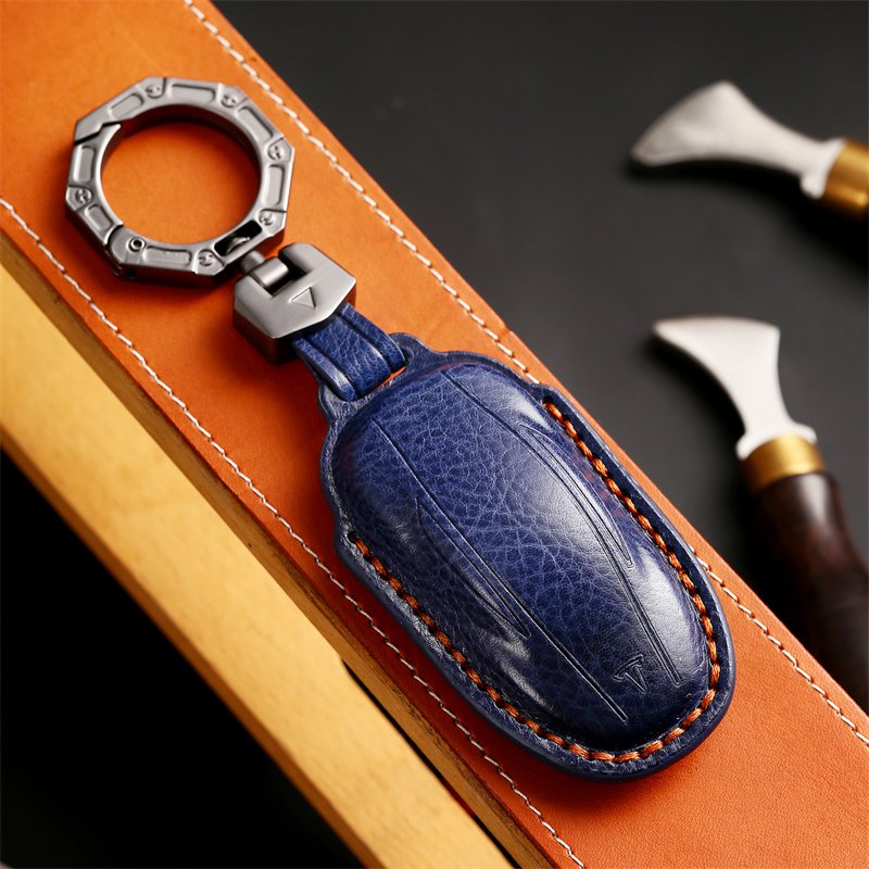 Genuine Leather Car Key Case Cover for Teala Model 3 X S Smart Key Case Accessories Handmade Car key Shell