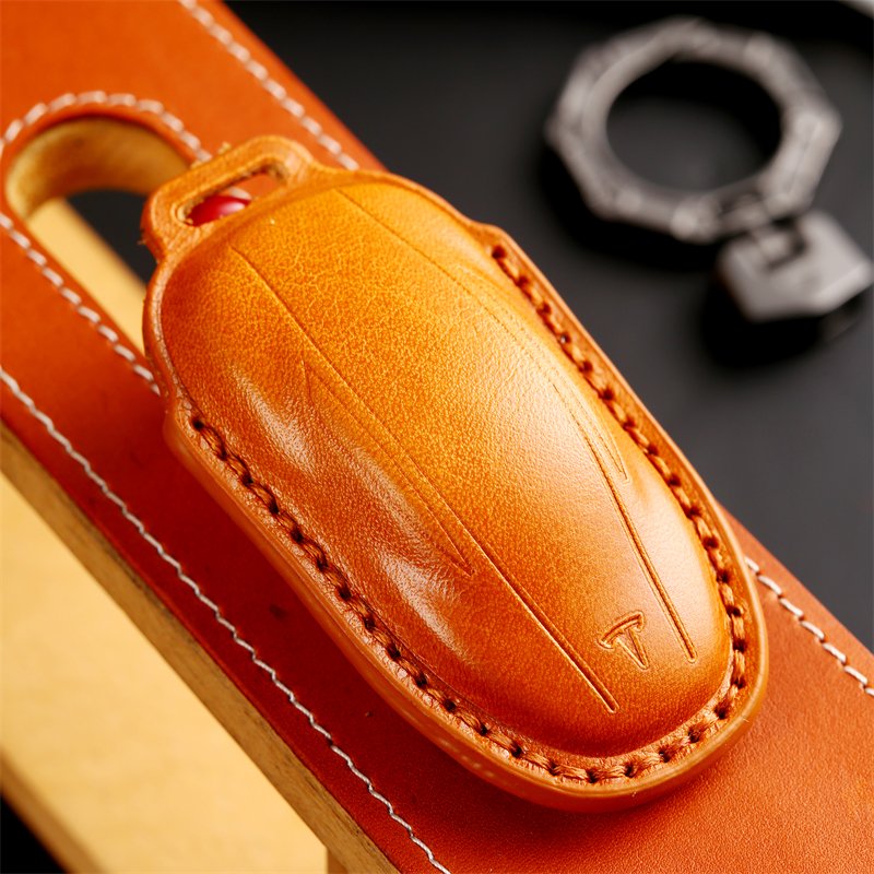 Genuine Leather Car Key Case Cover for Teala Model 3 X S Smart Key Case Accessories Handmade Car key Shell