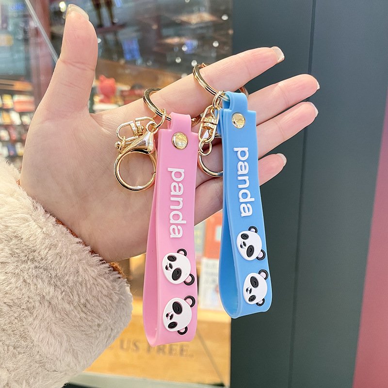 Cute Panda PVC Car Keychain Plastic Carabiner Key Strap with Accessory Bag Charm Holiday Gift for Car Owners