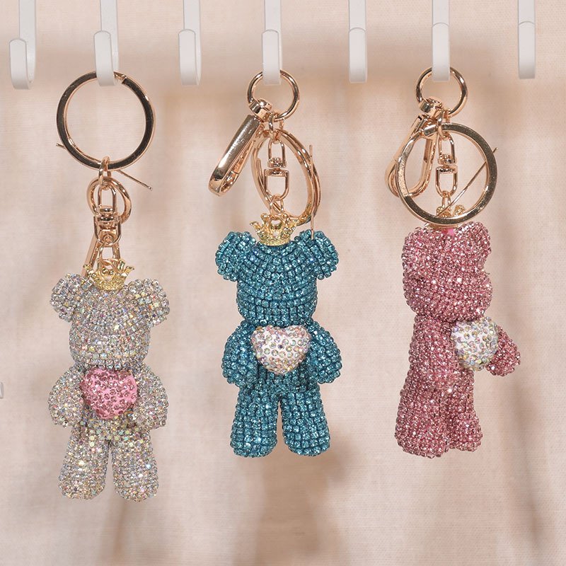 Bling Bling Diamond Crown Teddy Bear Keychain Crystal Rhinestone Key chains Animal Keyring Girly Bag Charm Pendant Bear Keychain