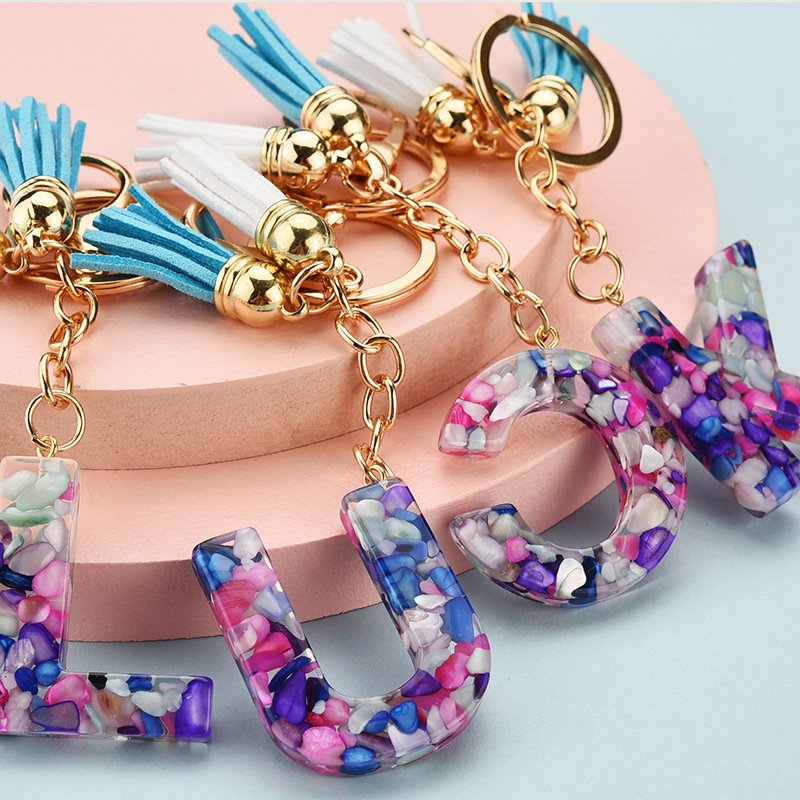 Popular Acrylic 26 English initial Letters Tassel Keychain Girls gift Colorful Stone alphabet key chains