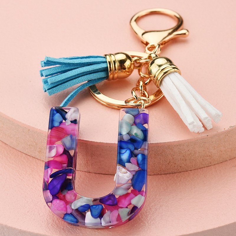 Popular Acrylic 26 English initial Letters Tassel Keychain Girls gift Colorful Stone alphabet key chains