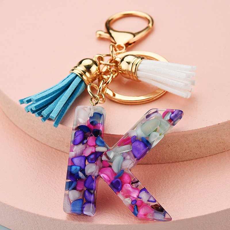 Popular Acrylic 26 English initial Letters Tassel Keychain Girls gift Colorful Stone alphabet key chains
