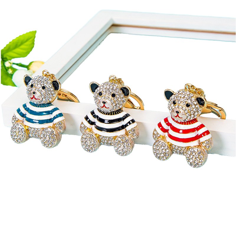 Cute And Fashionable Striped Teddy Bear With Rhinestone Keychain Hanging Decoration, Heart-shaped Bow Bear Backpack Keychain