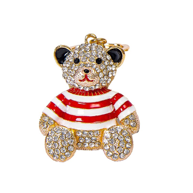 Cute And Fashionable Striped Teddy Bear With Rhinestone Keychain Hanging Decoration, Heart-shaped Bow Bear Backpack Keychain