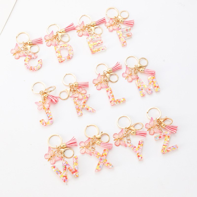 Popular Pink Sequin Butterflies Acrylic Resin Capital 26 Letters Keychain Butterfly Tassel Jewelry Accessories Couple Key Chains