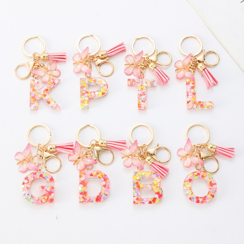 Popular Pink Sequin Butterflies Acrylic Resin Capital 26 Letters Keychain Butterfly Tassel Jewelry Accessories Couple Key Chains