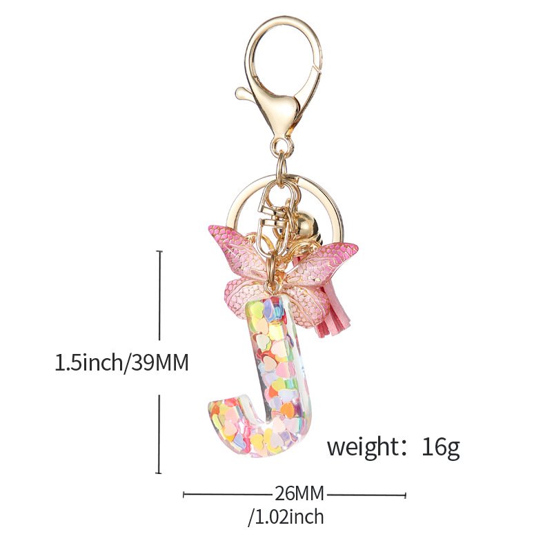 Popular Pink Sequin Butterflies Acrylic Resin Capital 26 Letters Keychain Butterfly Tassel Jewelry Accessories Couple Key Chains