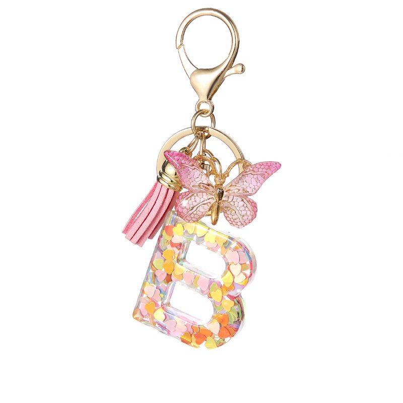 Popular Pink Sequin Butterflies Acrylic Resin Capital 26 Letters Keychain Butterfly Tassel Jewelry Accessories Couple Key Chains